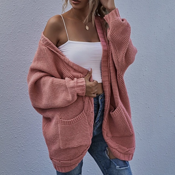 Sweaters - open front knit pocket batwing sleeve cardigan